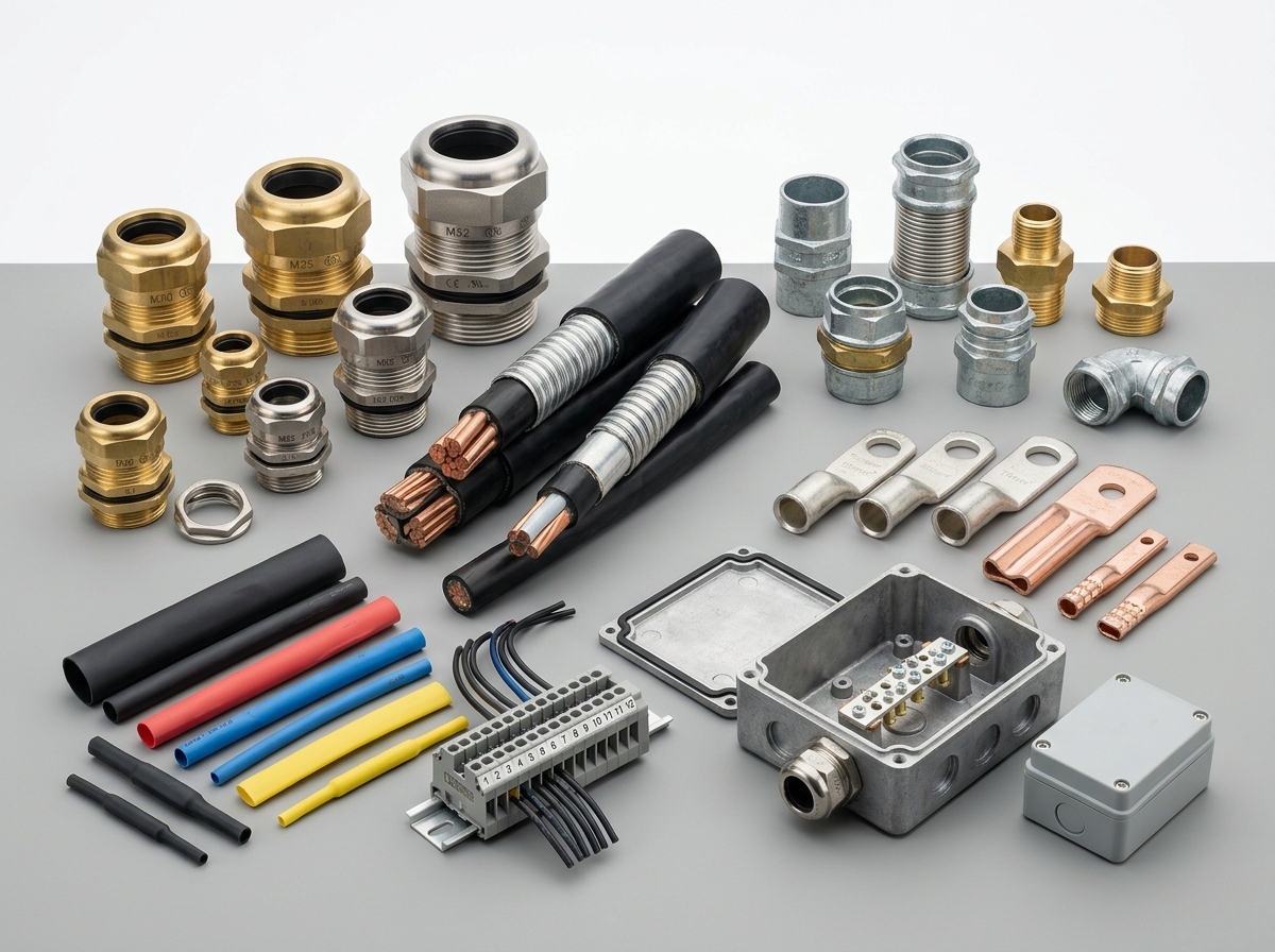 Industrial electrical cables, glands, conduits and terminal blocks