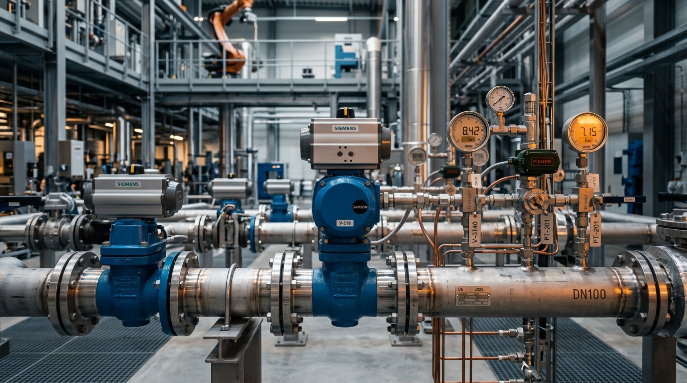 Industrial piping system with automated valves, actuators, and instrumentation